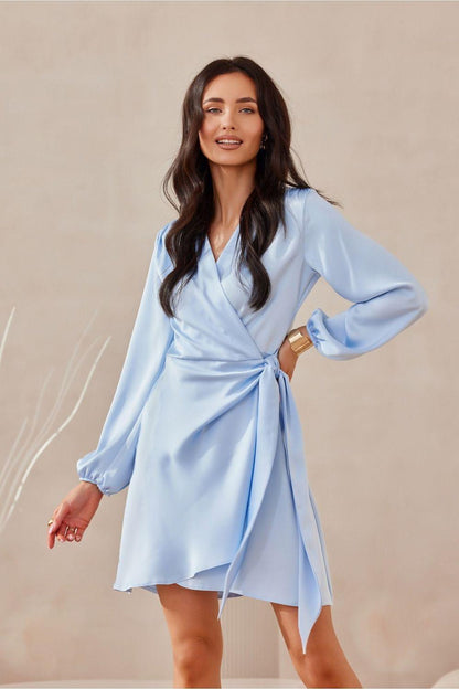 Light blue satin cocktail dress with V-neck and tied waist, long puff sleeves.