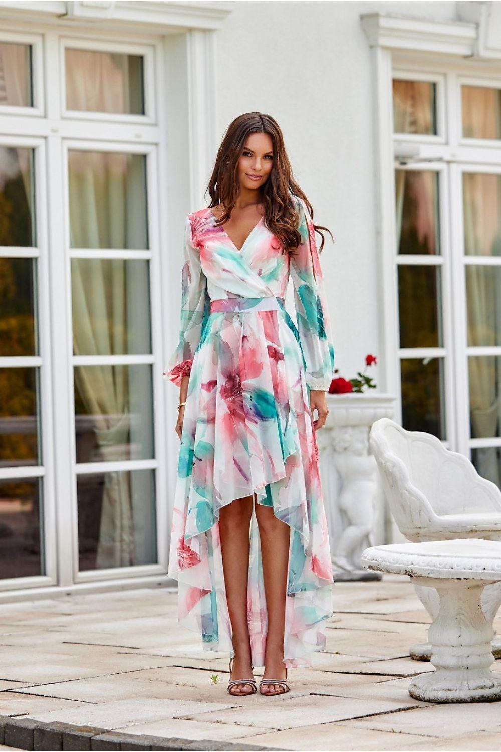 Floral asymmetric maxi daydress with draped neckline, long sleeves, pink and teal