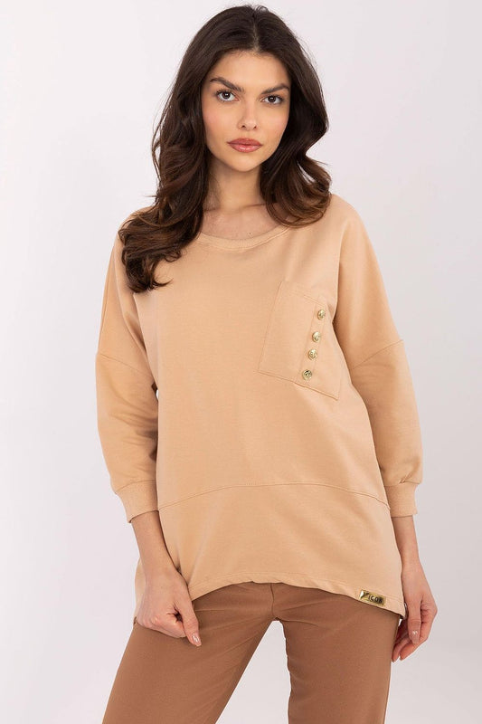 Tan cotton-blend blouse with button pocket detail, long sleeves