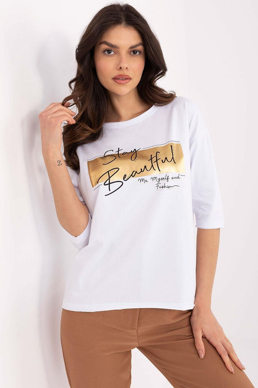 White cotton blouse with 3/4 sleeves and front graphic print