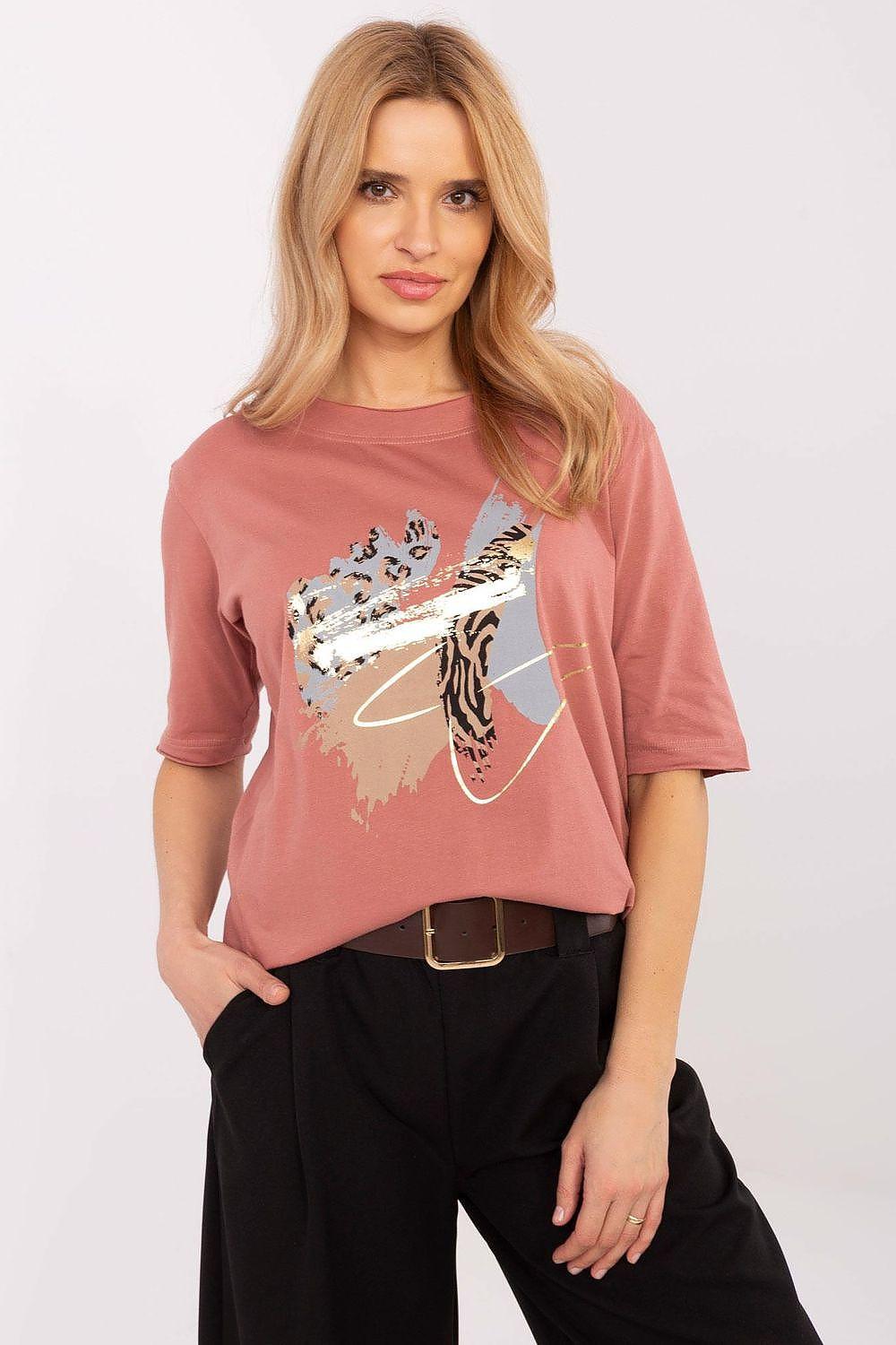 Pink animal print graphic blouse with crew neck and 3/4 sleeves