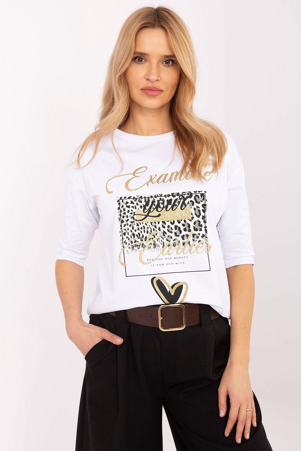 White cotton blouse with animal-print graphic and 3/4 sleeves, front view