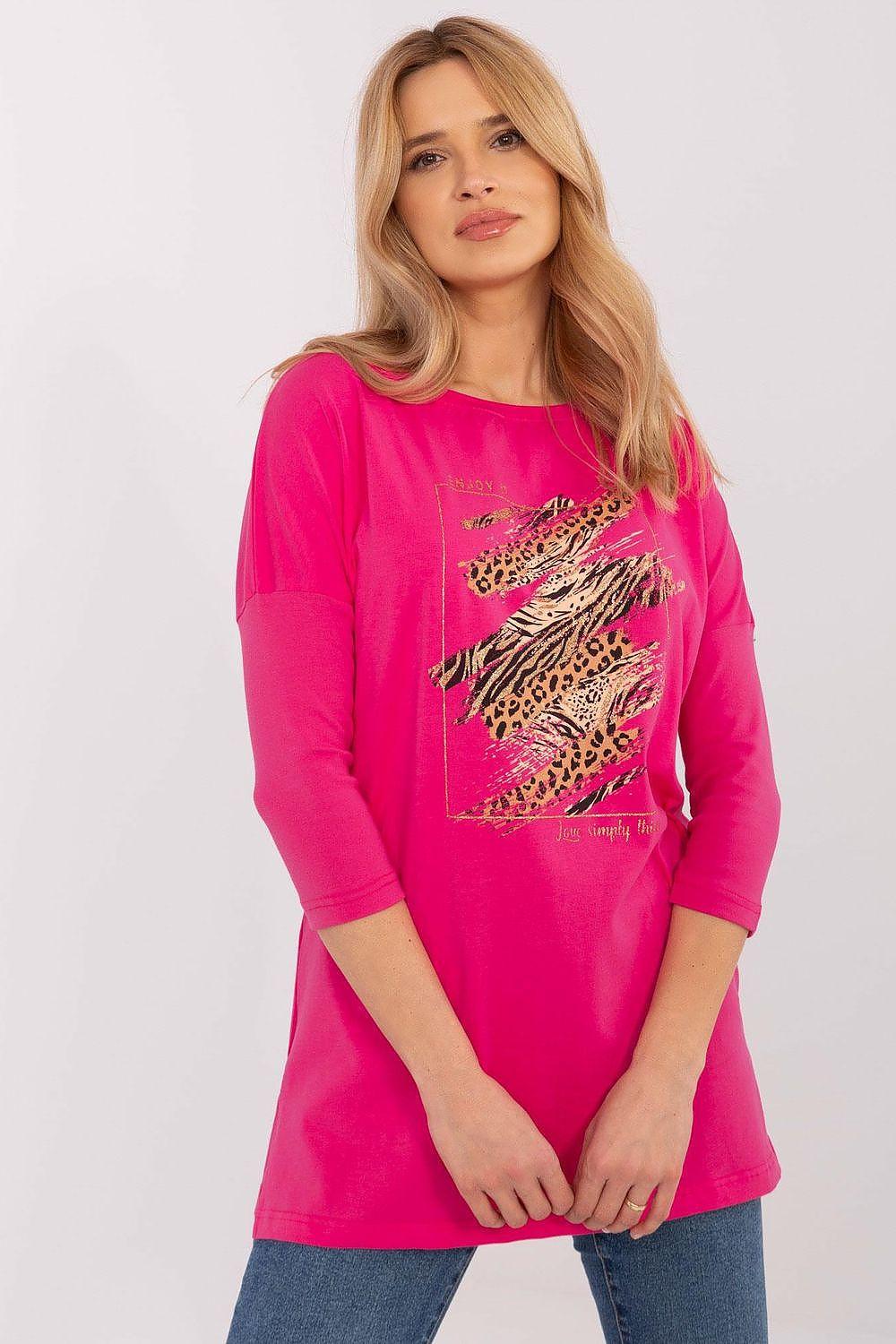 Pink cotton blouse with long sleeves and animal-print front panel