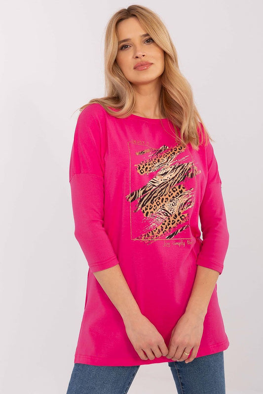 Pink cotton blouse with long sleeves and leopard-style animal print front panel