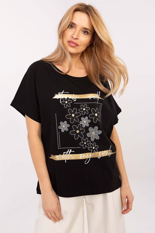Black oversize blouse with floral rhinestone front print, short sleeves and crew neck.