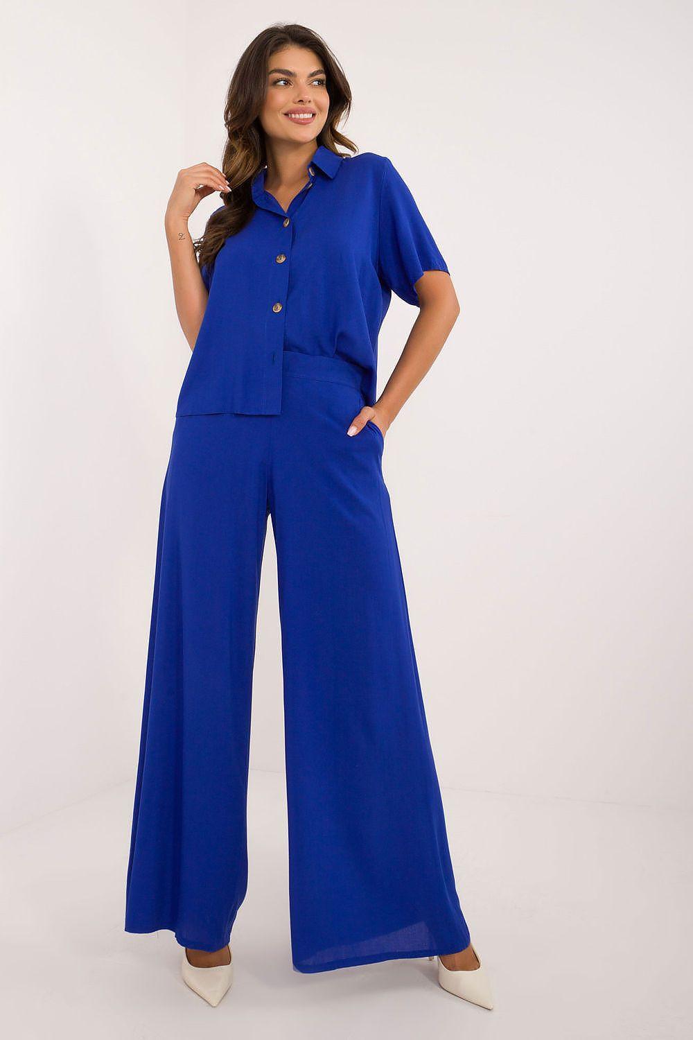 Blue viscose shirt and wide-leg trousers set, short sleeves, button front