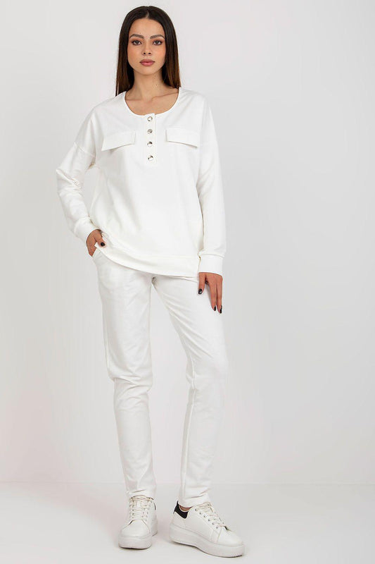 Beige two-piece sweatshirt and pants set with buttoned neckline and patch chest pockets