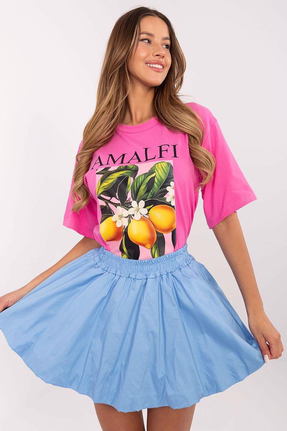 Light blue short skirt with elastic waistband and gathered pleats, above-knee length.