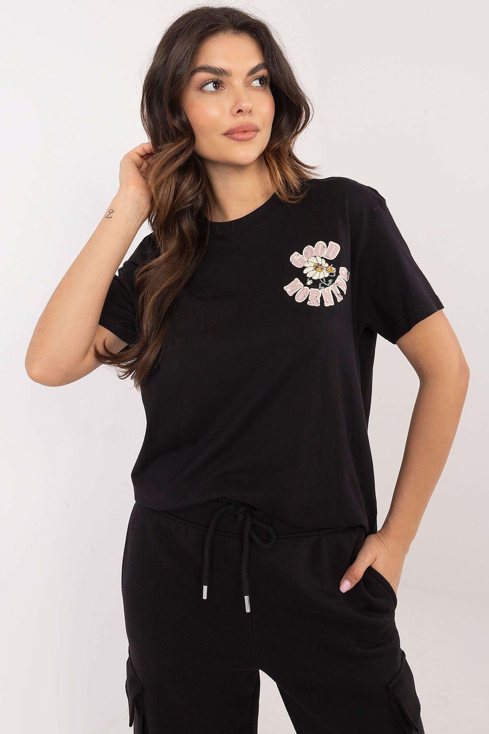 Women's black cotton T-shirt with small floral print on left chest