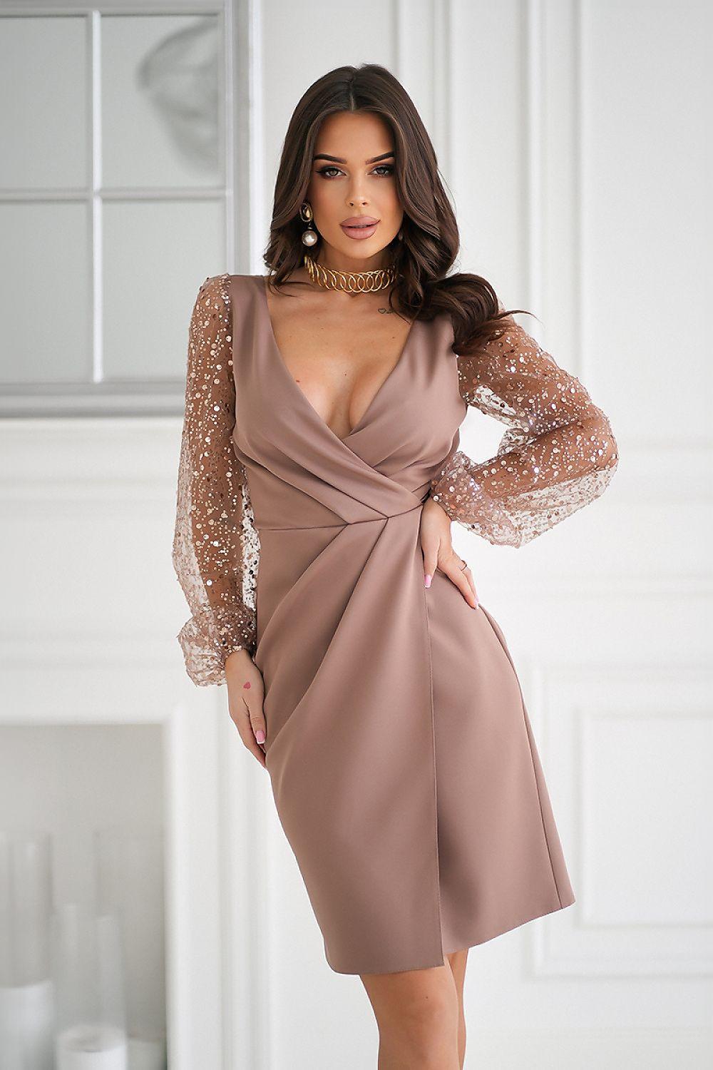 Two-tone taupe evening dress with V-neck, wrap bodice, and lace sequin sleeves