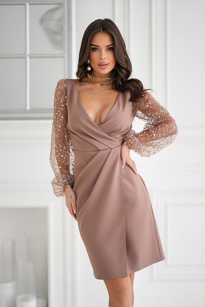 Two-tone taupe evening dress with V-neck, wrap bodice, and lace sequin sleeves