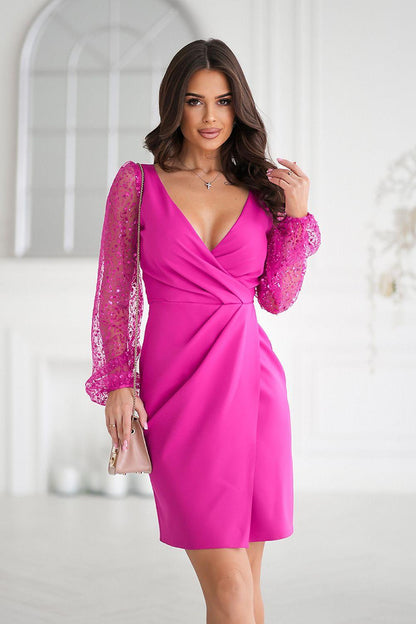 Fuchsia evening dress with V-neck, draped wrap front and sheer lace sleeves