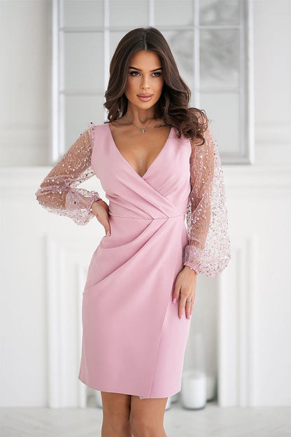 Two-tone blush pink evening dress with V-neck, sheer sequin sleeves, knee length