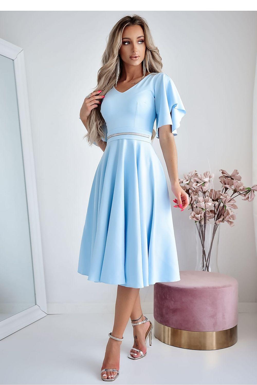 Light blue cocktail dress with V-neck and pleated skirt