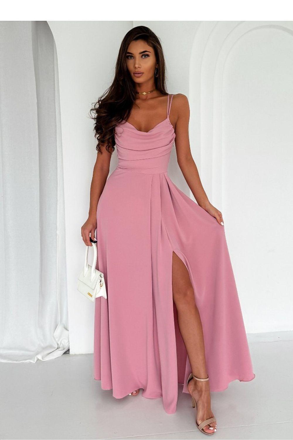 Pink maxi dress with ruched bodice, spaghetti straps, and front leg slit