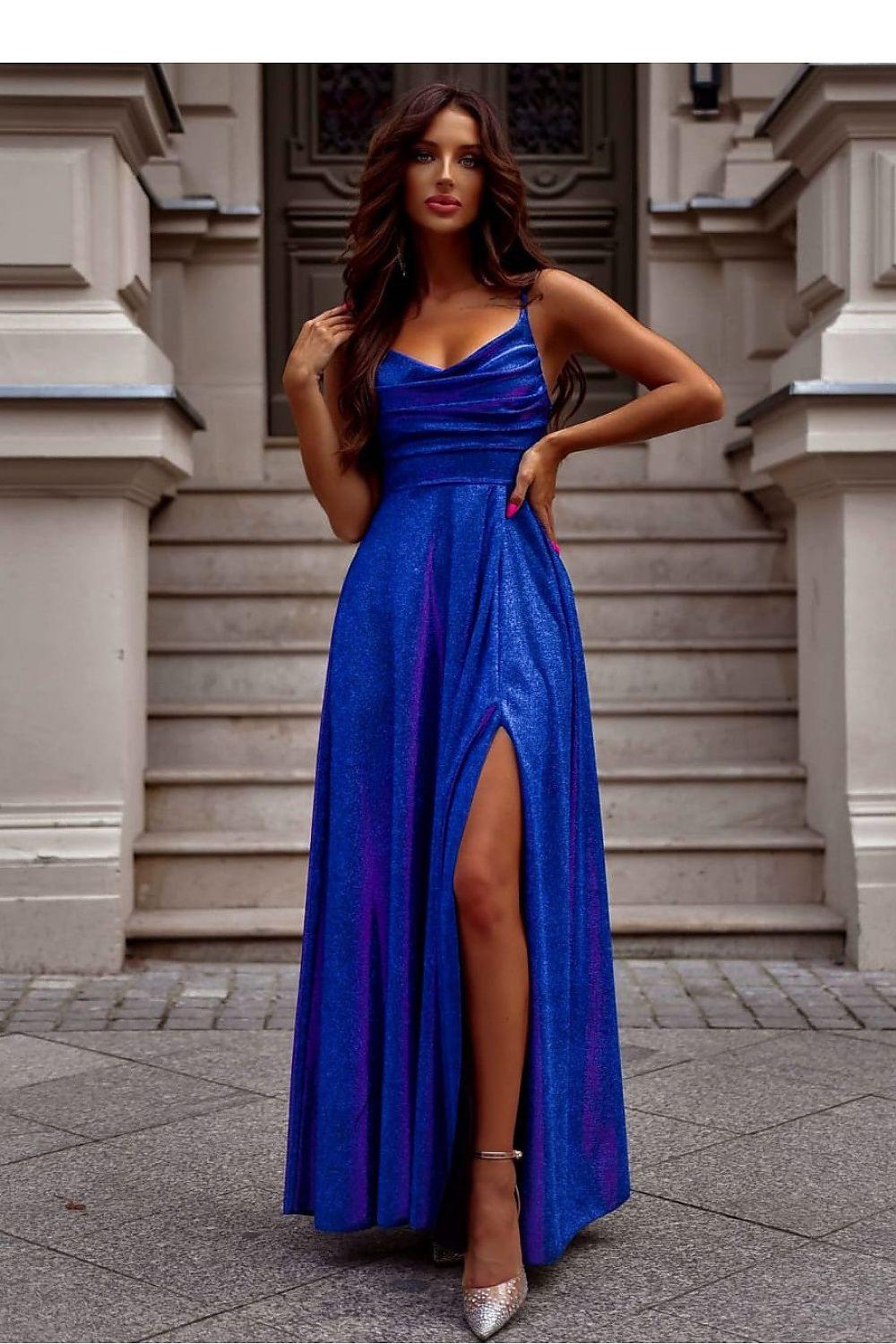 Blue and purple long dress with spaghetti straps, fitted bodice, and thigh slit.