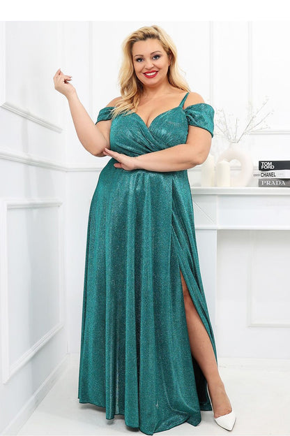 Long teal-green dress with off-shoulder neckline and draped bodice, side slit at hem.