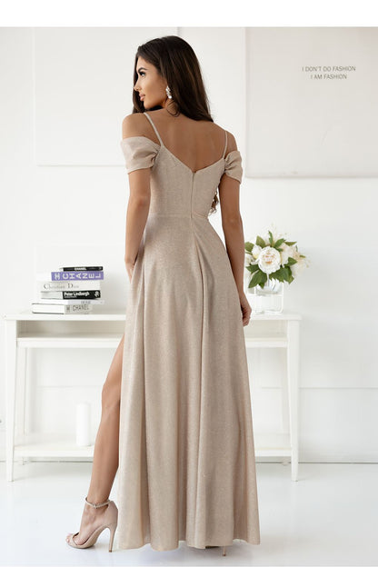 Champagne off-shoulder maxi dress with back V neckline and side slit