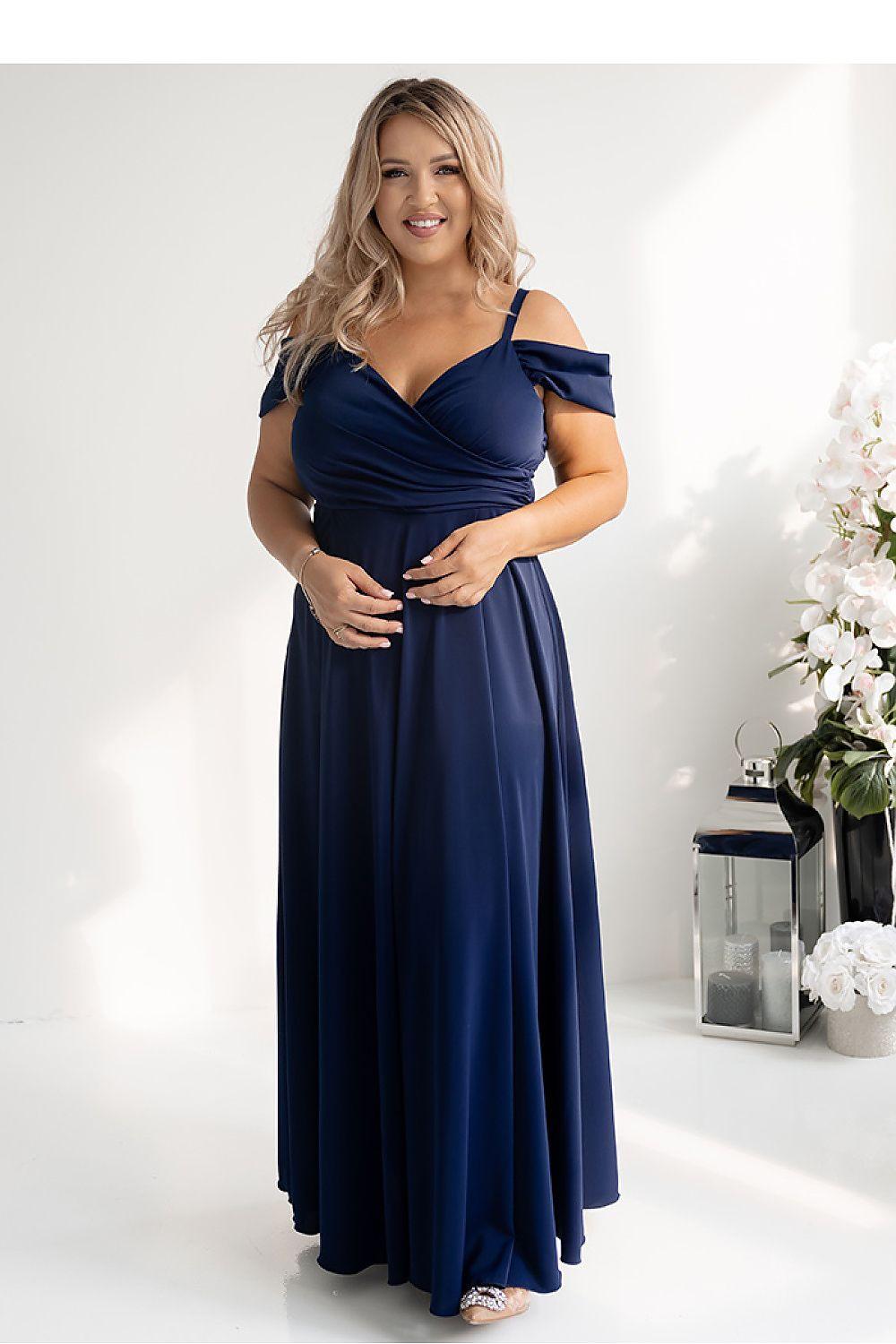 Long navy blue off-shoulder dress with V-neck and gathered waist, side slit detail