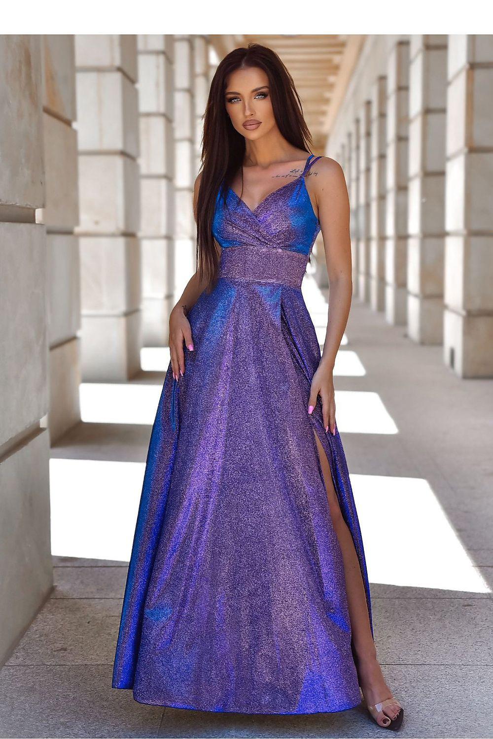 Deep V wrap maxi dress with sleeveless bodice and side slit, blue-purple shimmer fabric