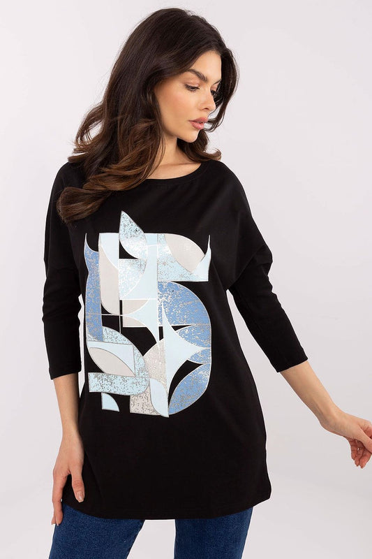 Black 3/4-sleeve cotton-blend blouse with large abstract front print