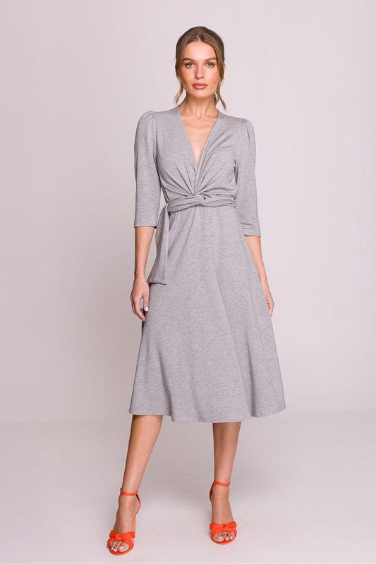Grey V-neck day dress with 3/4 sleeves and knotted waist detail