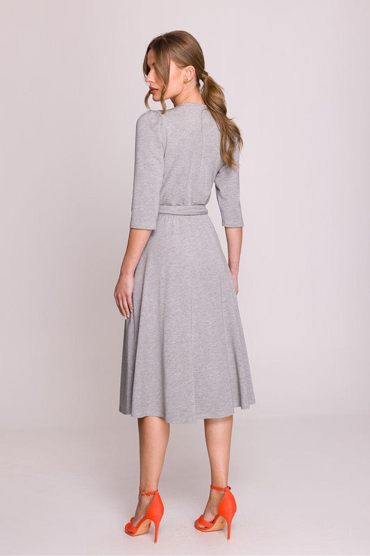 Grey V-neck day dress, back view, 3/4 sleeves and gathered waist