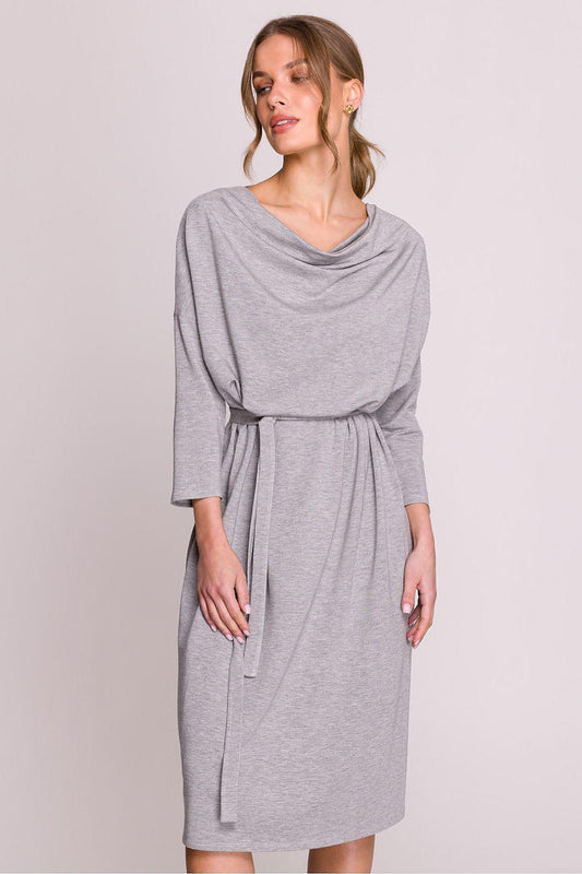 Grey daydress with cowl neck, 3/4 sleeves, tied waist, midi length