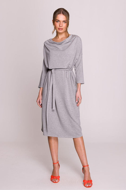 Grey daydress with cowl neck and tied waist, 3/4 sleeves, mid-calf length