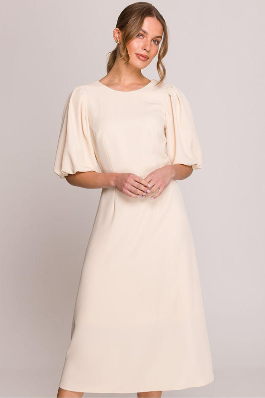 Beige midi daydress with short puff sleeves and round neckline