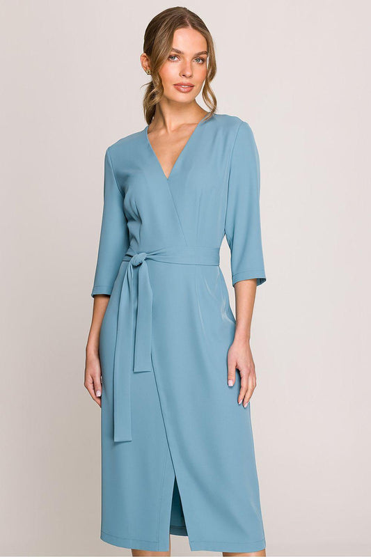 Blue V-neck daydress with three-quarter sleeves, tied waist belt, knee-length skirt