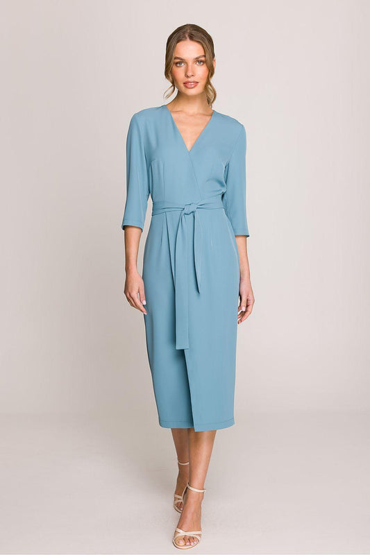 Blue V-neck daydress with 3/4 sleeves and waist tie belt, midi pencil silhouette