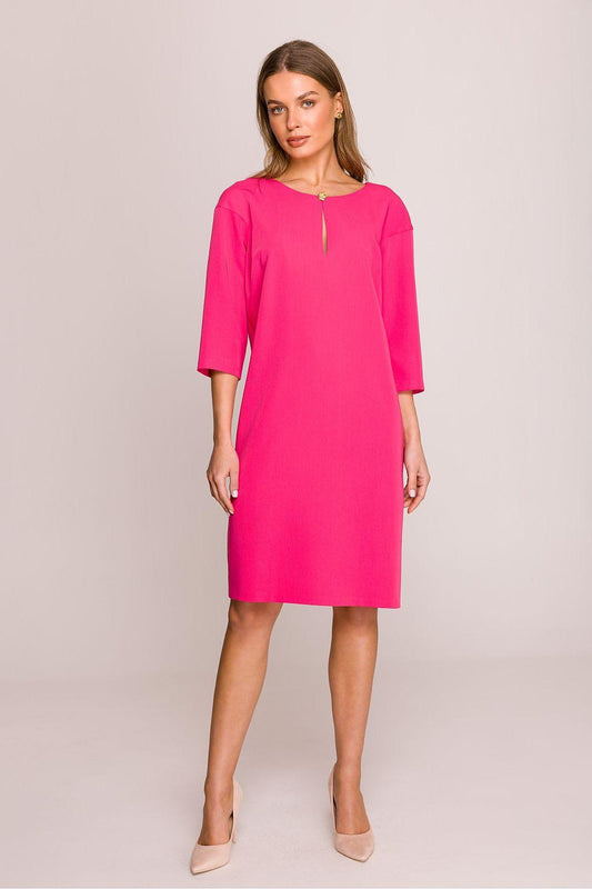 Pink day dress with elbow sleeves, round neckline slit, and straight knee-length cut