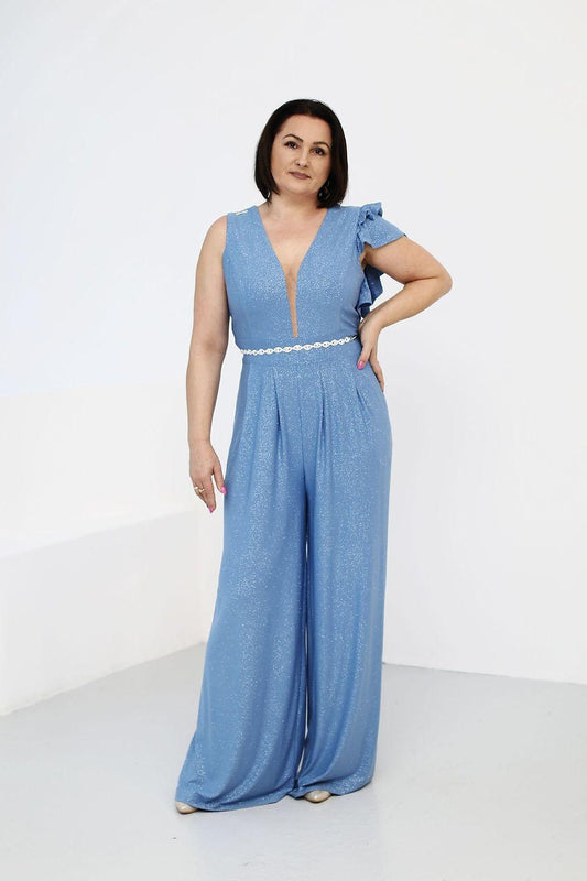 Blue sleeveless V-neck jumpsuit with ruffle shoulder detail and wide-leg pants