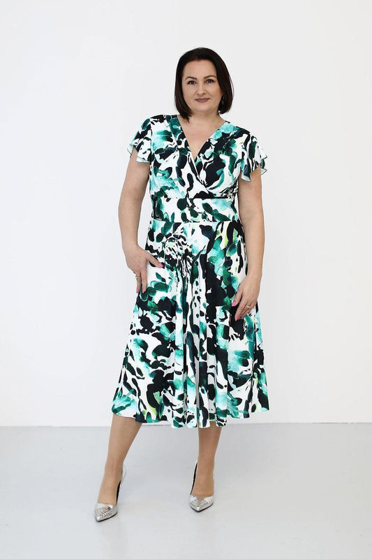 Jersa daydress with short sleeves, V-neck, teal and black patterned midi skirt