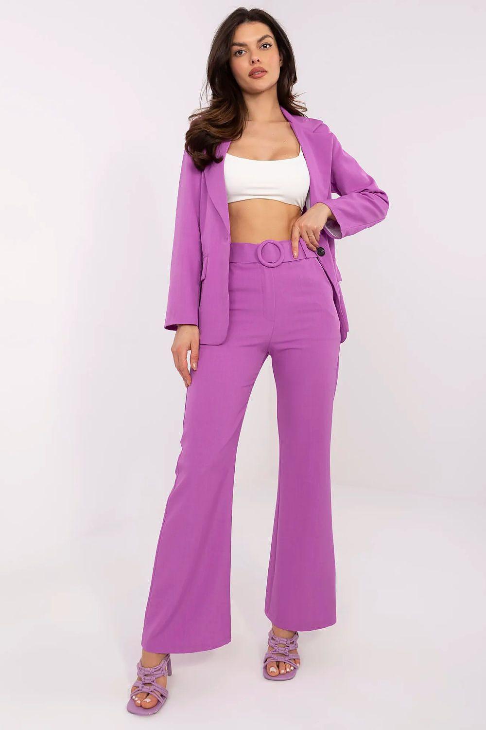 Violet wide-leg trousers with round-buckle waist belt and smooth front