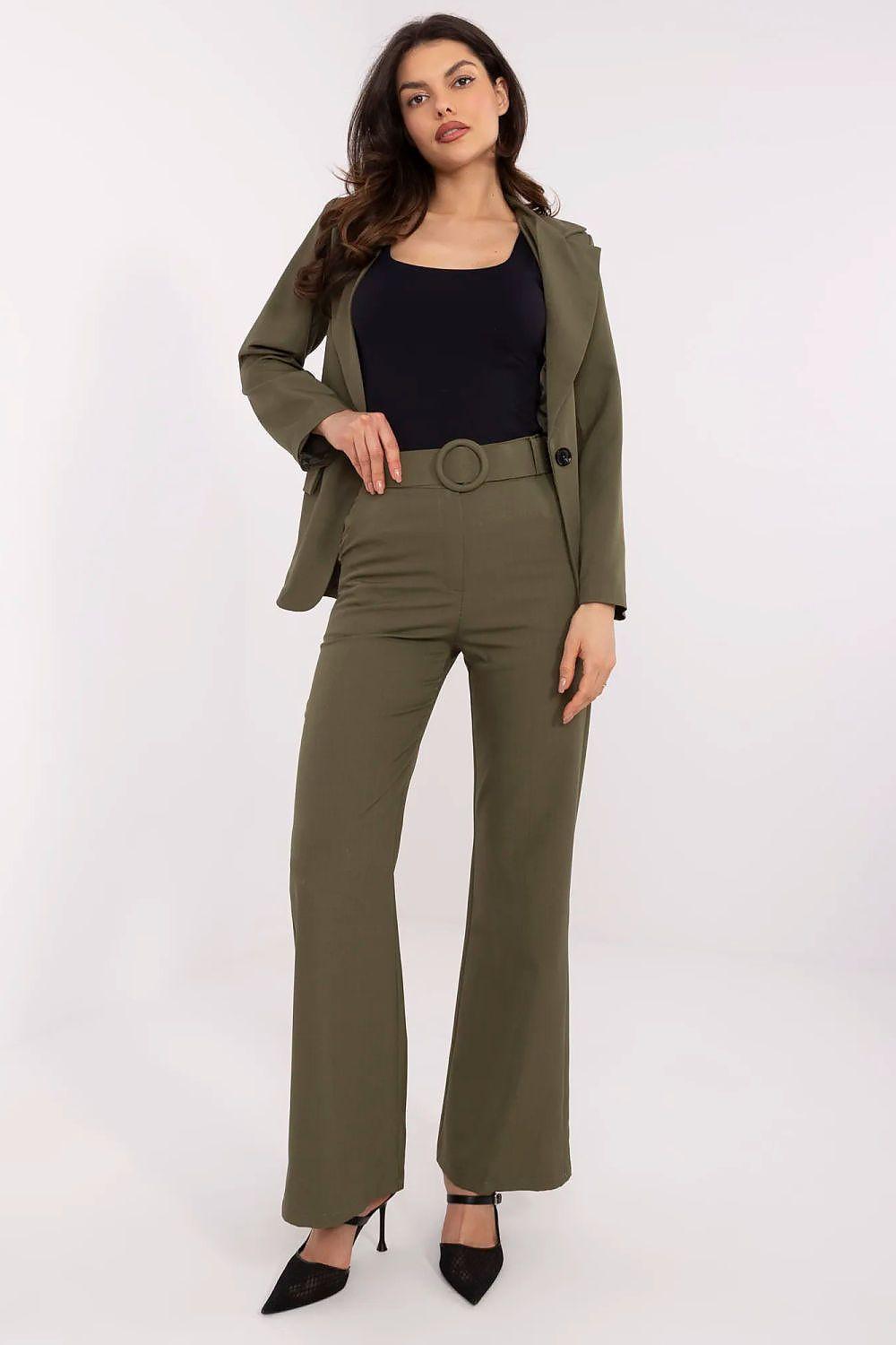 Olive green wide-leg trousers with round-buckle waist belt and ankle-length hem