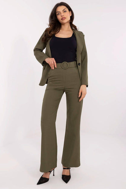 Olive green wide-leg trousers with round-buckle waist belt and ankle-length hem