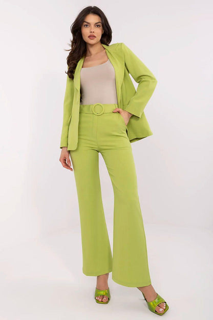 Women’s wide-leg trousers, light green, high-rise with belt loops and button closure