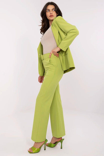 Women’s wide-leg trousers, lime green, high-rise with belt loops and button closure