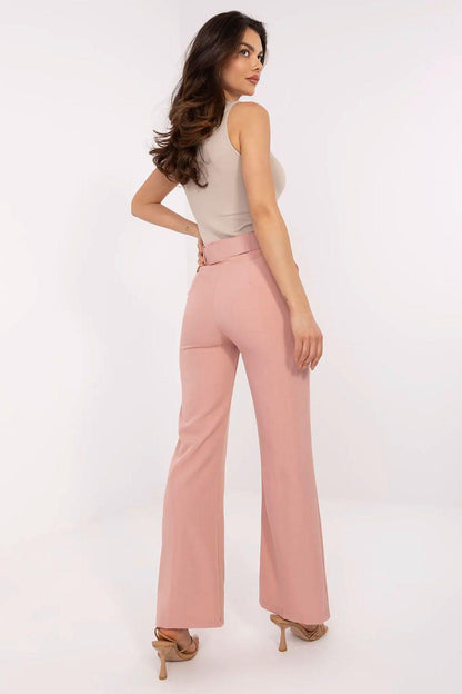 Women’s wide-leg trousers, light pink, side view; high-rise with belt loops and button closure