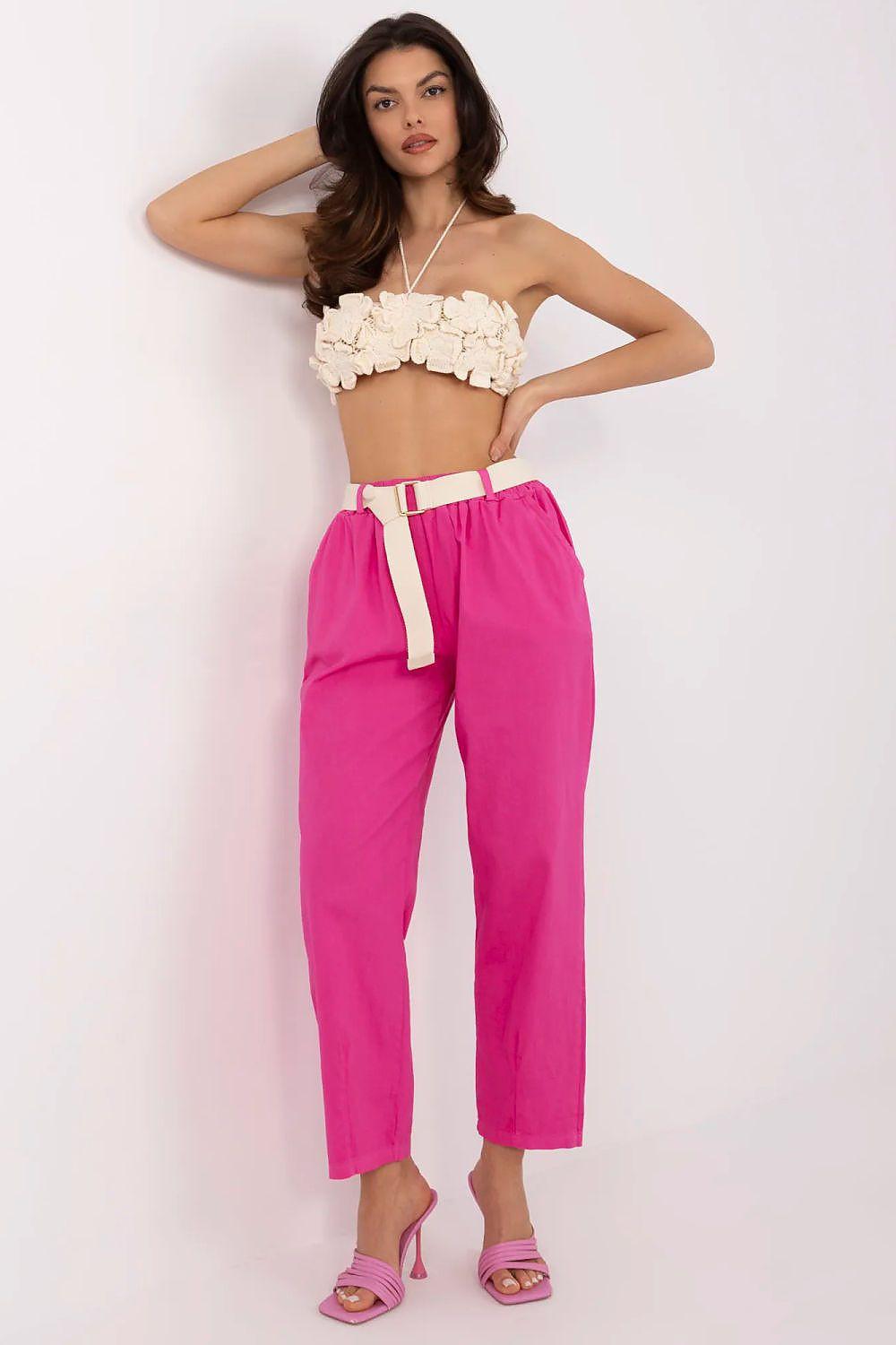 Pink high-waist belted carrot-cut trousers with tie belt
