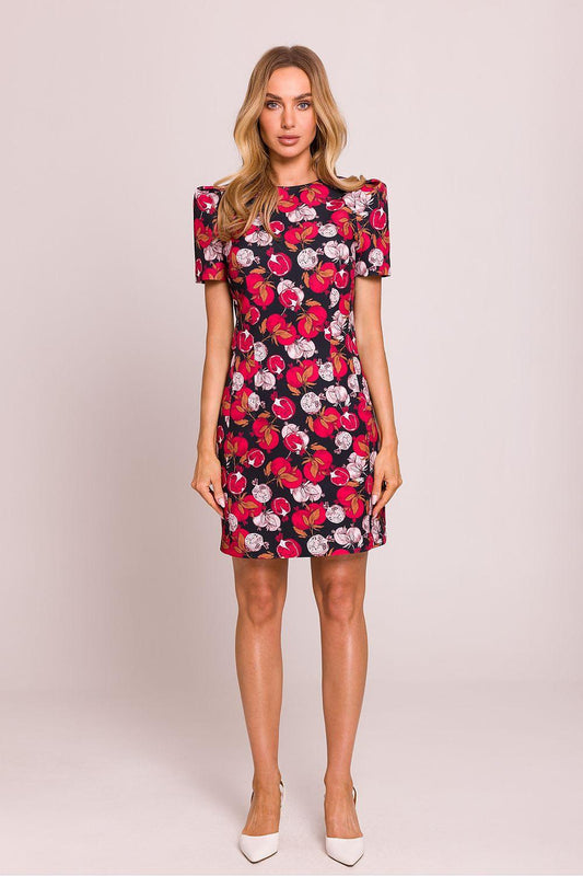 Floral daydress with red, white, and dark blossoms, short sleeves, fitted waist