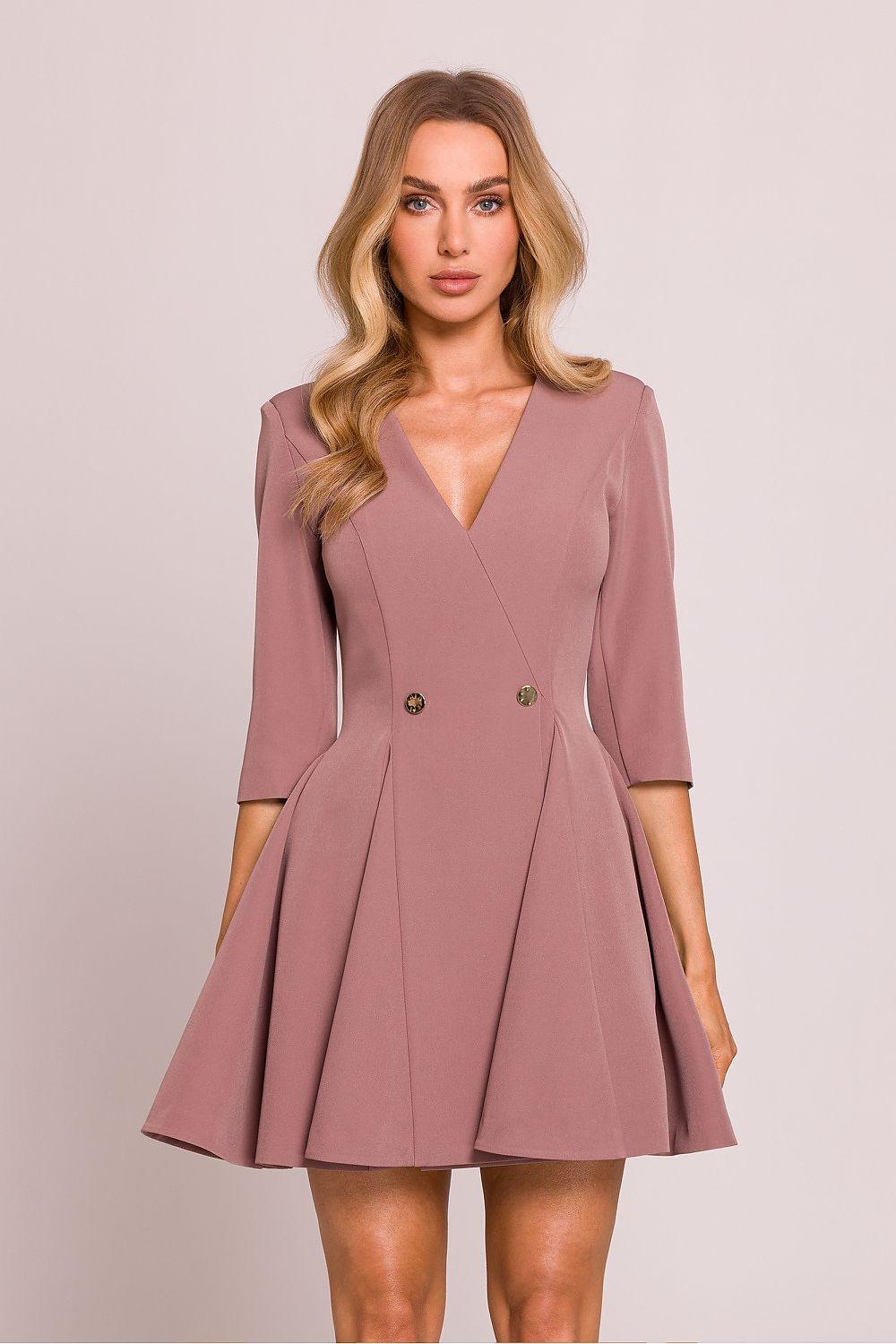 V-neck fit-and-flare daydress with 3/4 sleeves and button detail, dusty rose color
