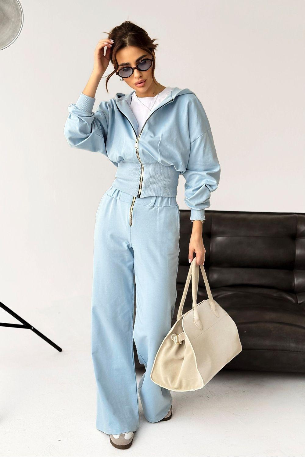 Light blue zip-front hoodie and wide-leg pants set with drawstring waist