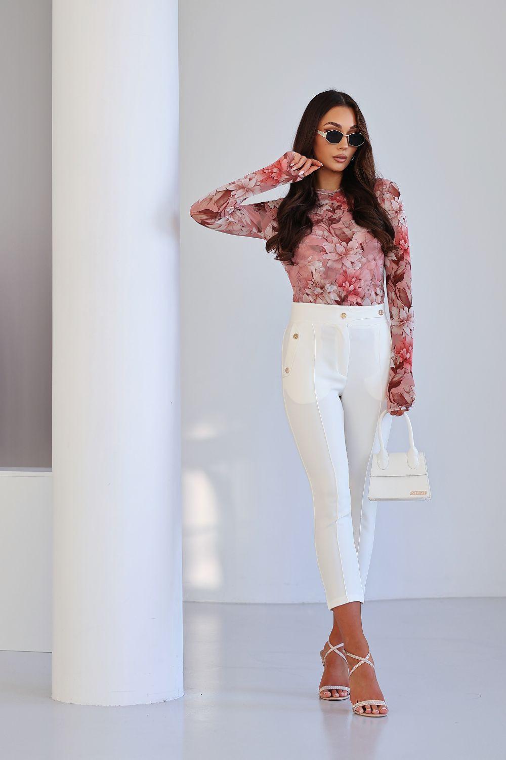 Women's beige slim trousers, high waist, ankle length, button front