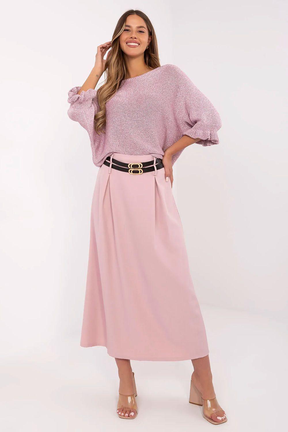 Pink midi skirt with pleated waist and belt detail