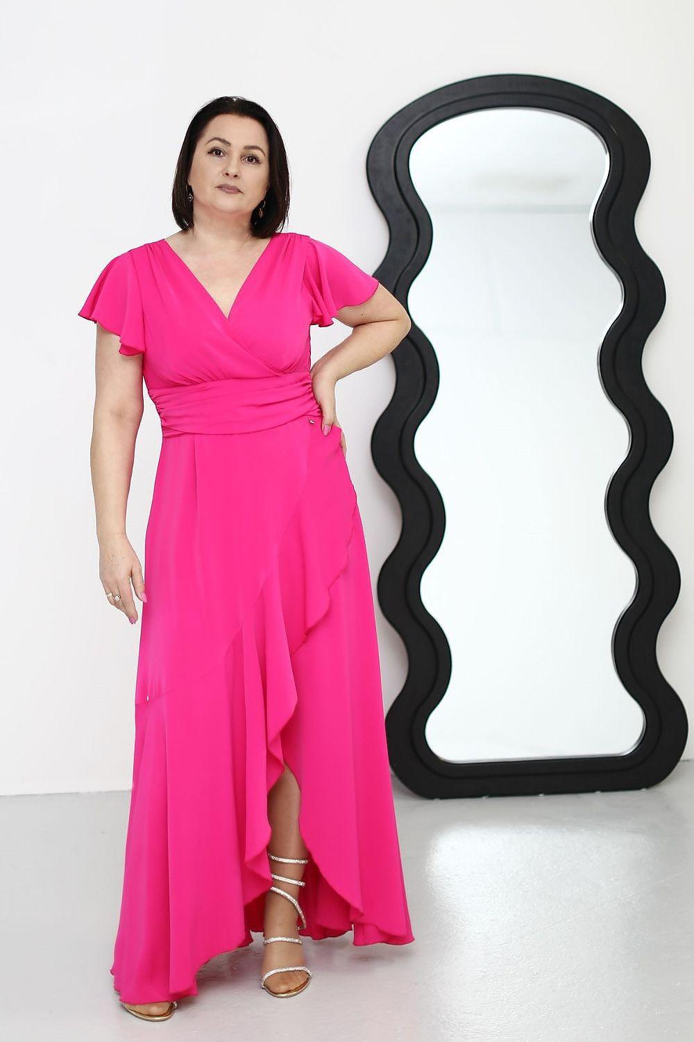 Pink V-neck maxi dress with draped skirt