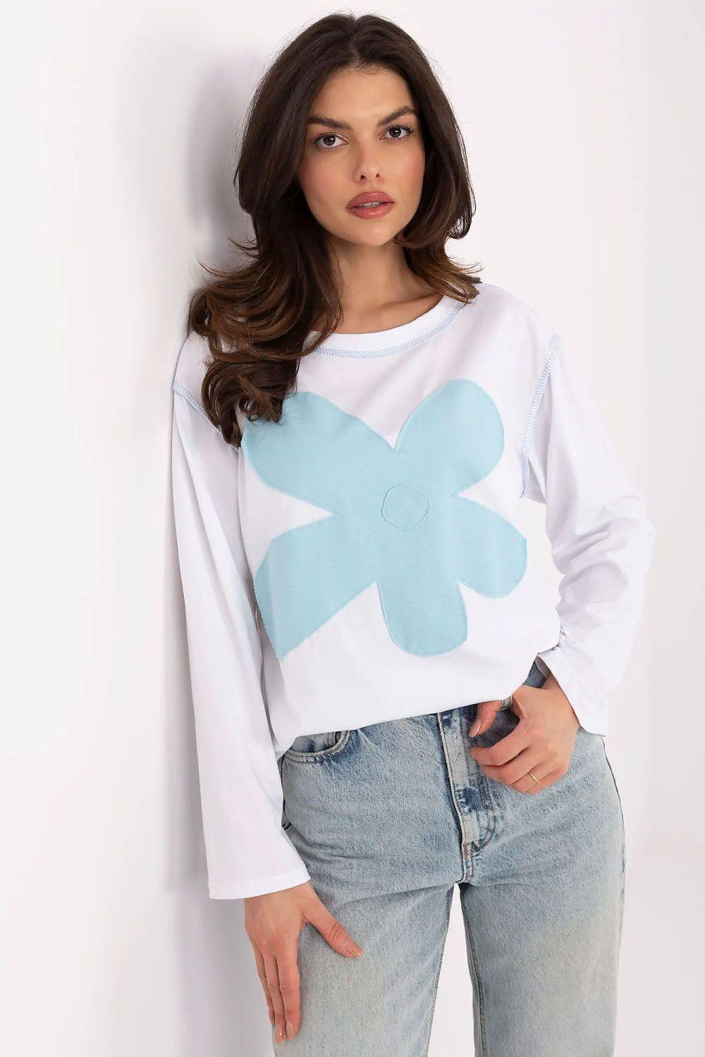 Cotton floral-print blouse, white with light blue flower graphic, long sleeves