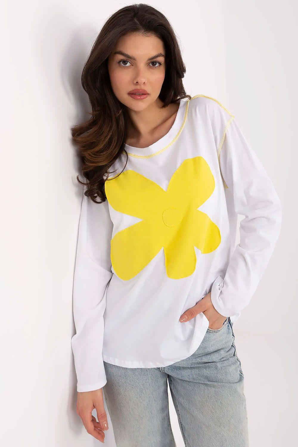 Women's white blouse with yellow flower print, round neckline, long sleeves